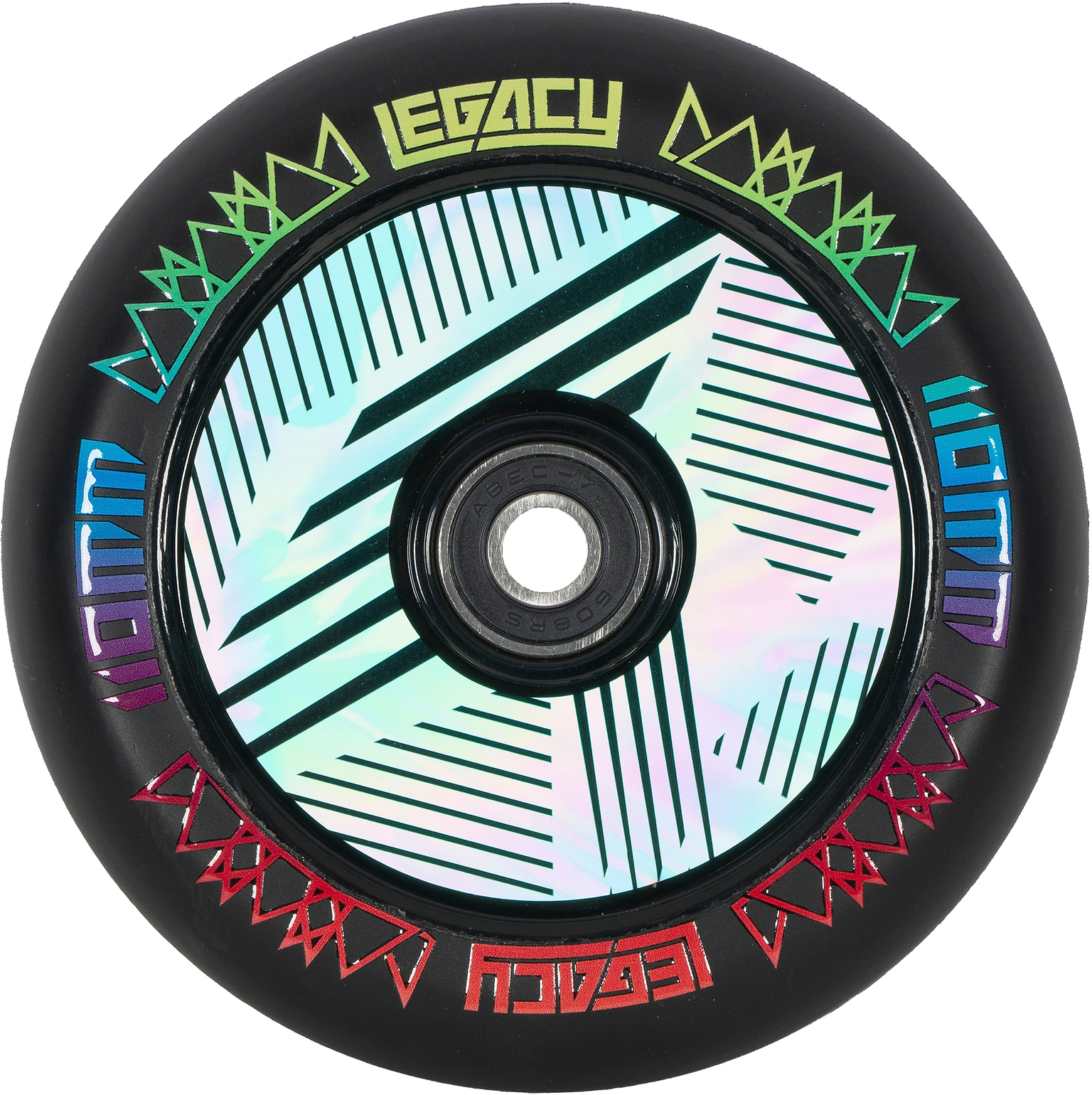 Legacy Ventus 1.5 Pro 110mm Stunt Scooter Wheel in neochrome, featuring a black tire and a central iridescent plate with black geometric line patterns and colorful border graphics.