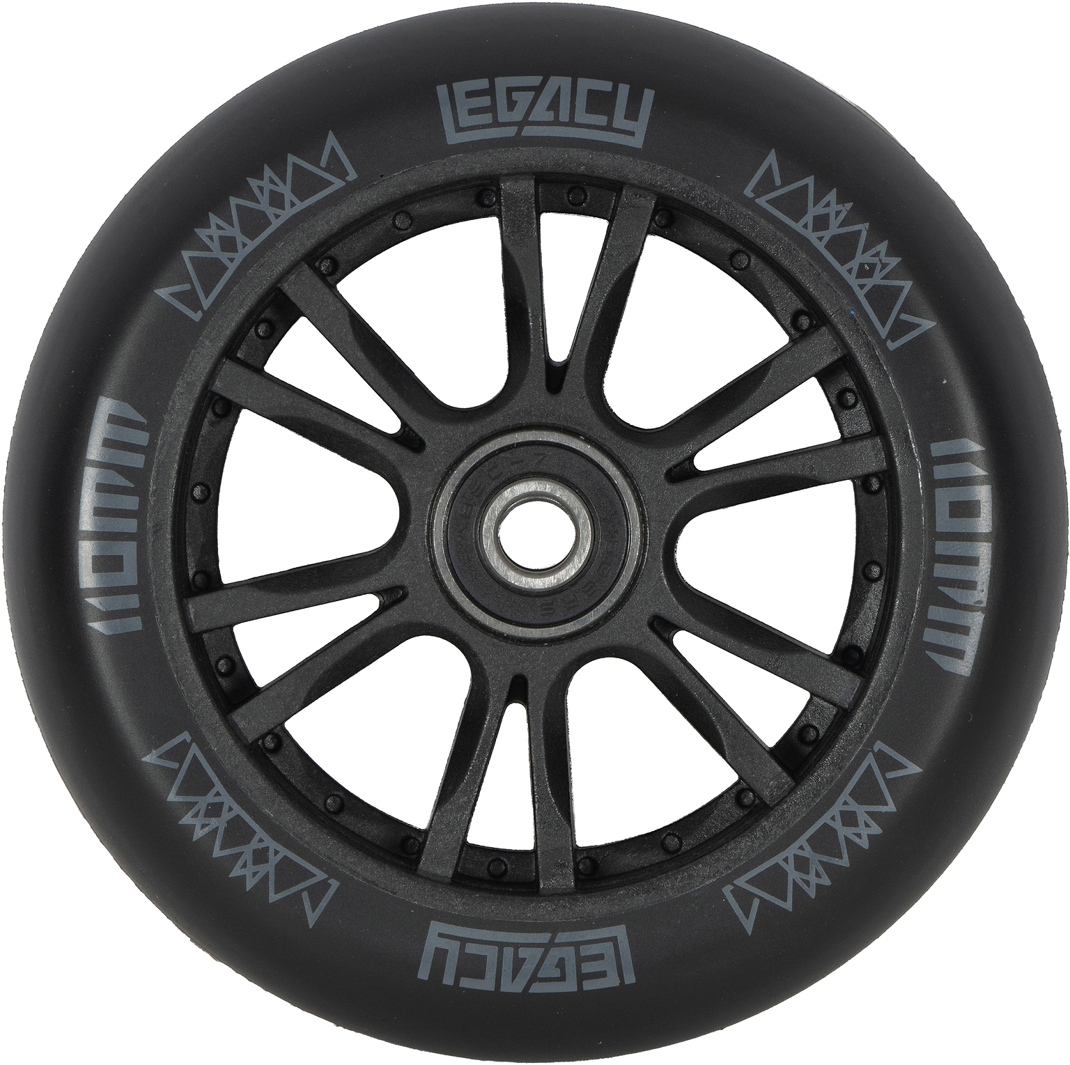 Black Legacy Ventus 110mm stunt scooter wheel featuring twelve spokes and branded graphics on the tire.