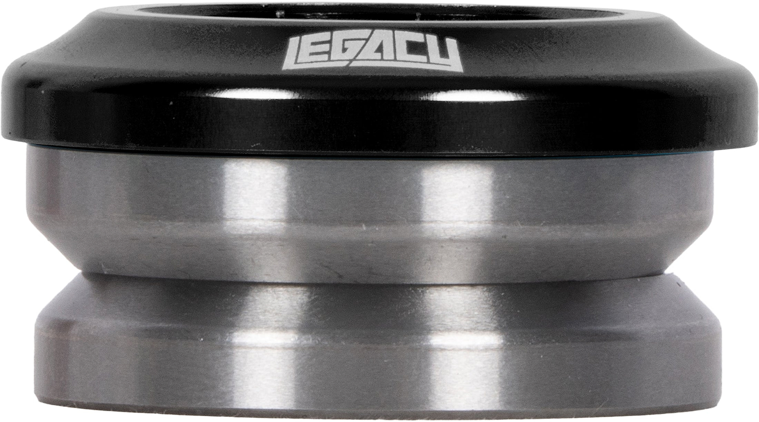 Legacy Velo Integrated Stunt Scooter Headset in black, featuring a top cap with a white logo and two sealed bearing races.