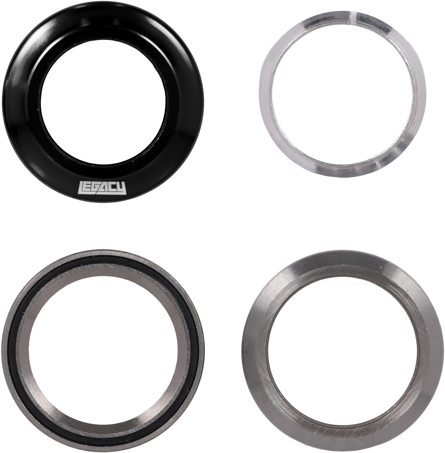 Four circular metal components of a Legacy Velo Integrated Stunt Scooter Headset - Black, including a black top cap, a split ring, and two bearings.