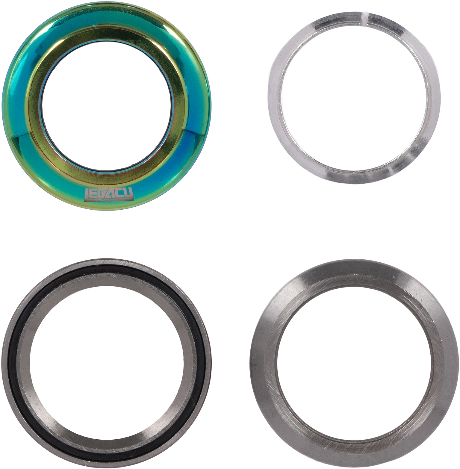 Four components of a Legacy Velo Integrated Stunt Scooter Headset - Neochrome, including a neochrome top cover, a split ring, a sealed bearing, and a crown race.