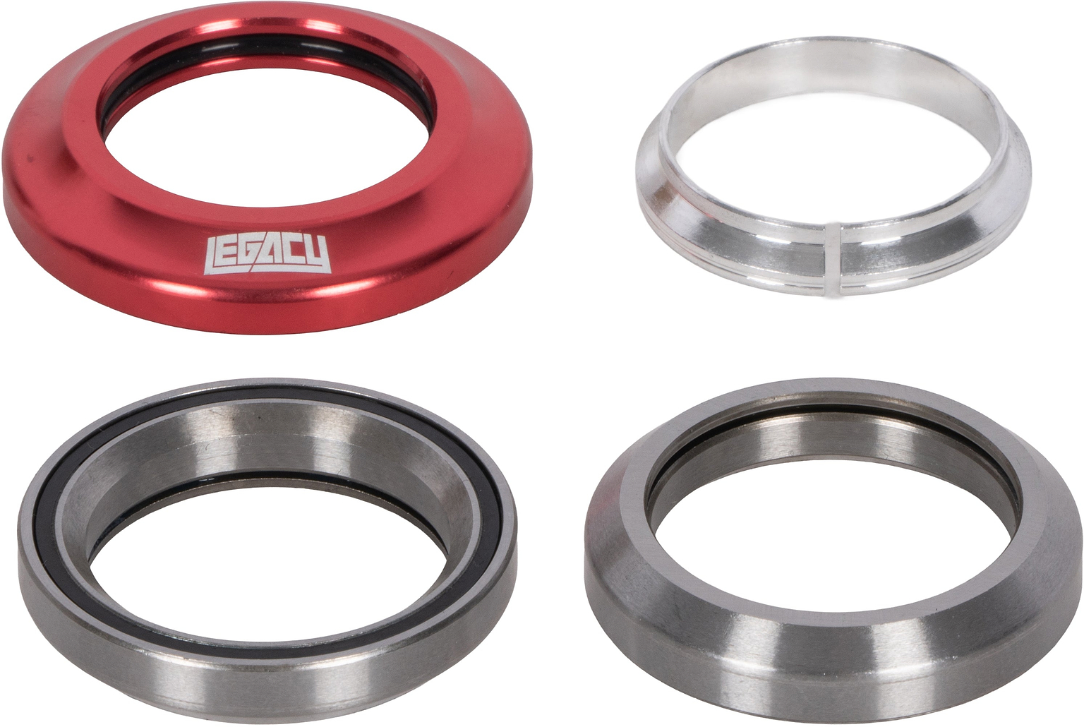 Four components of a Legacy Velo Integrated Stunt Scooter Headset - Anodised Red, including a red top cap with a logo, a silver crown race, and two sealed bearing headset elements.