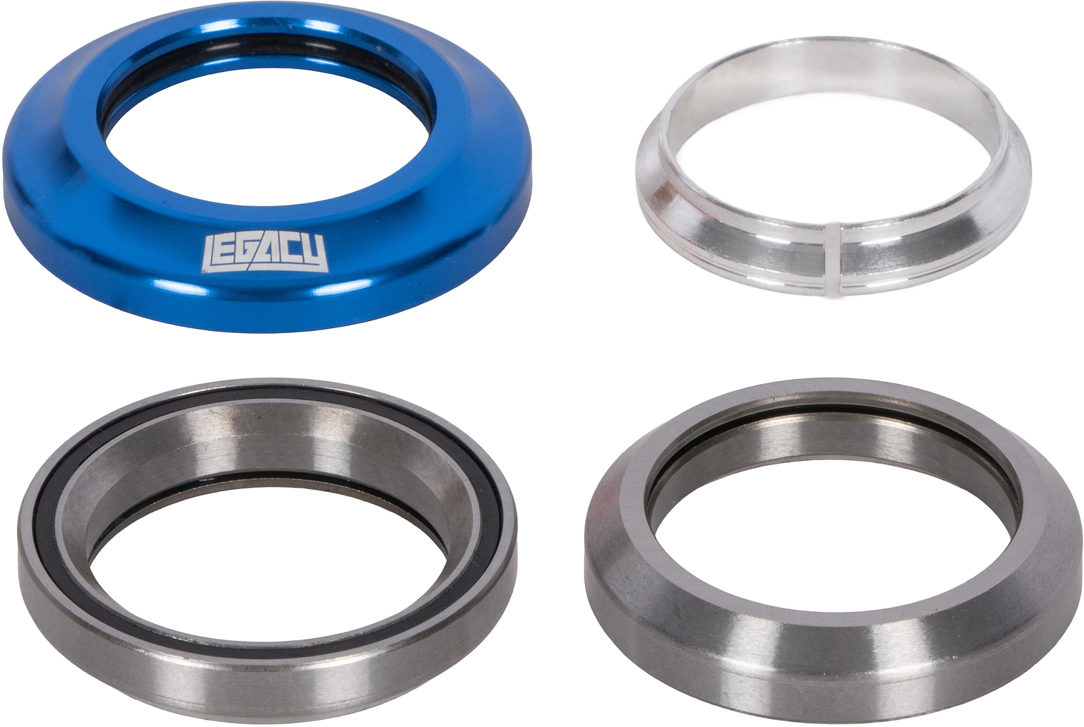 Four metal components of a Legacy Velo Integrated Stunt Scooter Headset - Anodised Blue, including a blue top cap with a logo, a silver crown race, and two sealed bearings.