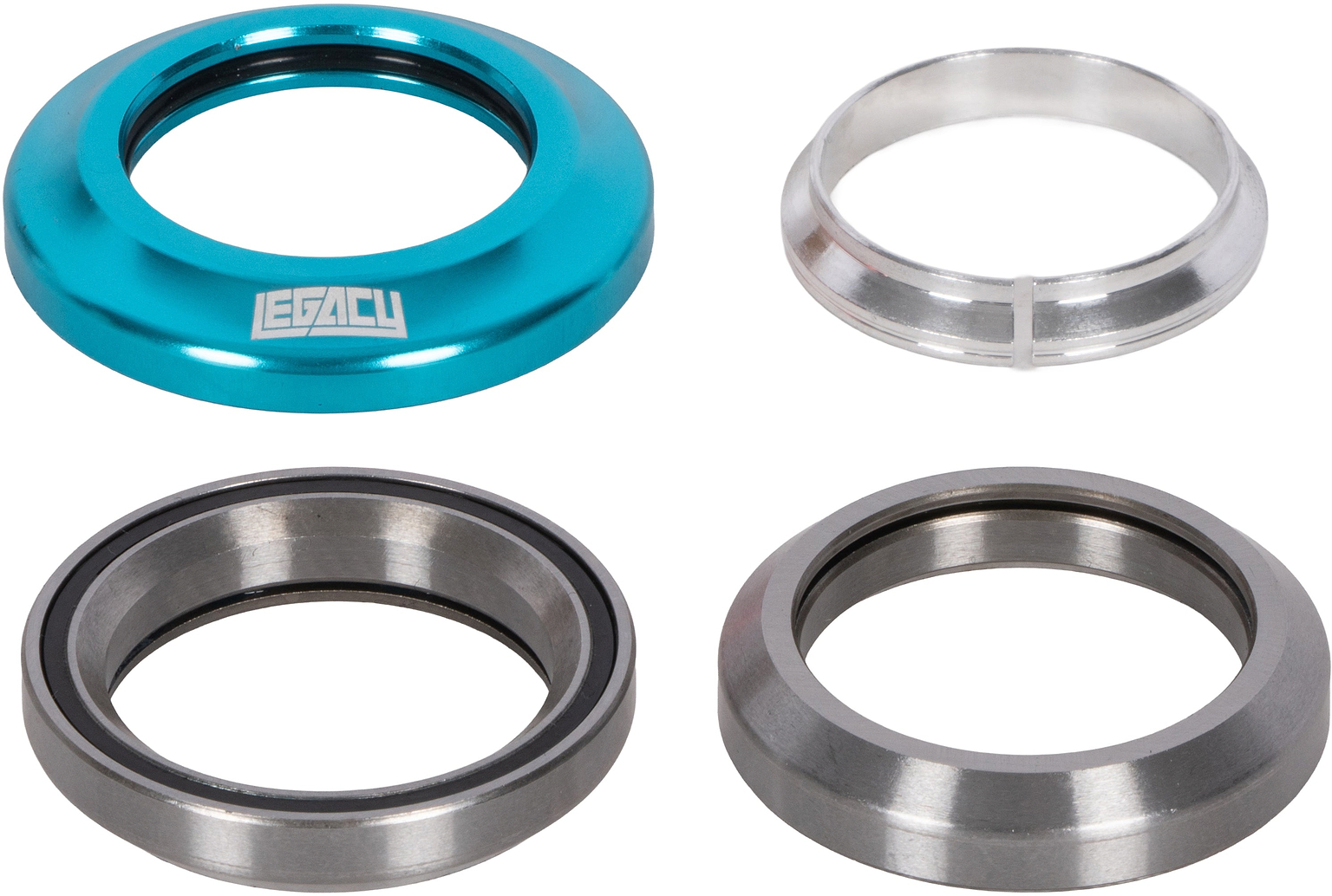 Four components of a Legacy Velo Integrated Stunt Scooter Headset - Anodised Teal, including a teal top cap, a silver crown race, and two steel sealed bearings.