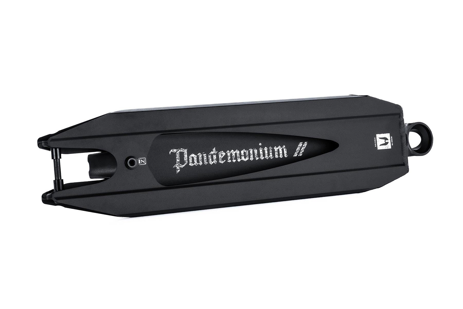 Introducing the Ethic DTC Pandemonium V2 Black Stunt Scooter Deck - 5.1" x 18.1", a sleek, black rectangular creation emblazoned with white text and crafted from 6061-T6 aluminium for unparalleled lightness, perfecting the ultimate scooter deck experience.