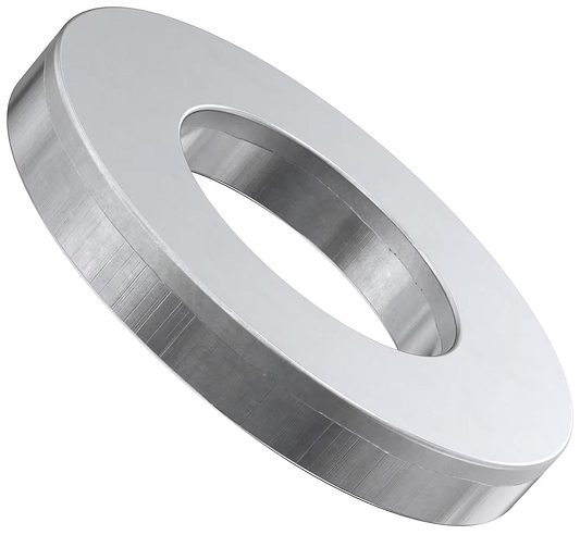 The Universal Scooter Wheel Axle Spacer - 1.8mm by Universal is a silver metallic washer with a smooth finish and central hole, shown angled on white—perfect as a universal scooter axle spacer or for stunt scooter bearings.