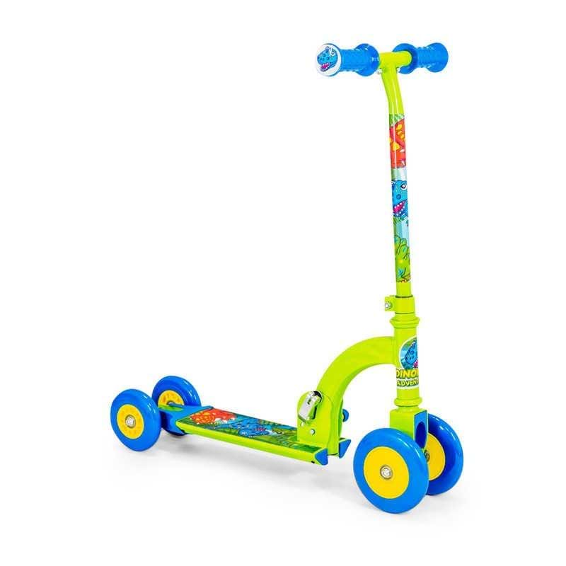 The Ozbozz My First Foldable Kick Kids Scooter - Dinosaur boasts a bright green frame, blue handlebars, playful dinosaur-themed decorations on the deck and handlebar, plus four yellow wheels with blue centers, ideal for young adventurers.
