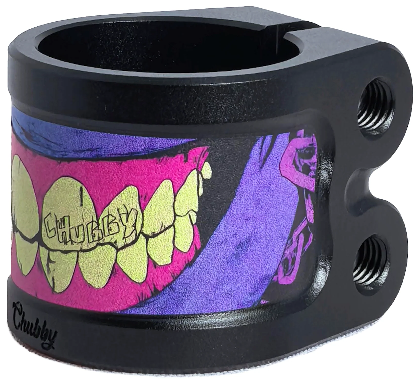 The Chubby Gnasher 2 Bolt Oversized Scooter Clamp by Chubby features a black and purple 7075-T6 aluminium body, two bolt holes, and a vibrant graphic with yellow teeth on pink gums and "CHUBBY" lettering.