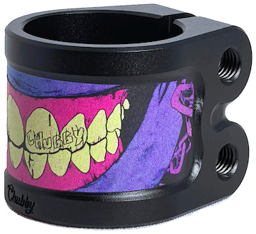 The Chubby Gnasher 2 Bolt Oversized Scooter Clamp by Chubby features a black and purple 7075-T6 aluminium body, two bolt holes, and a vibrant graphic with yellow teeth on pink gums and "CHUBBY" lettering.