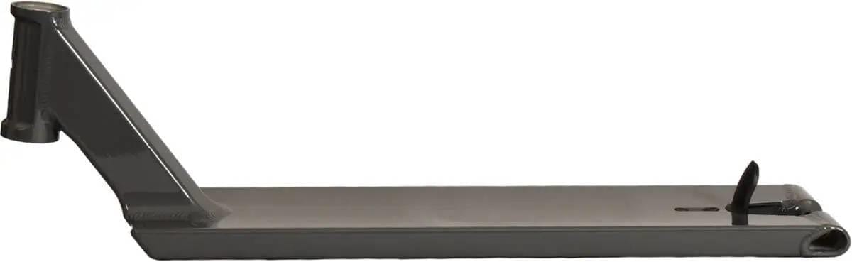 The Tilt Method Pro Gunmetal Grey Stunt Scooter Deck (6.2" x 22.2") features a boxed design with a left headtube for handlebars and a right brake, shown side-on against a white background—perfect for street riders.