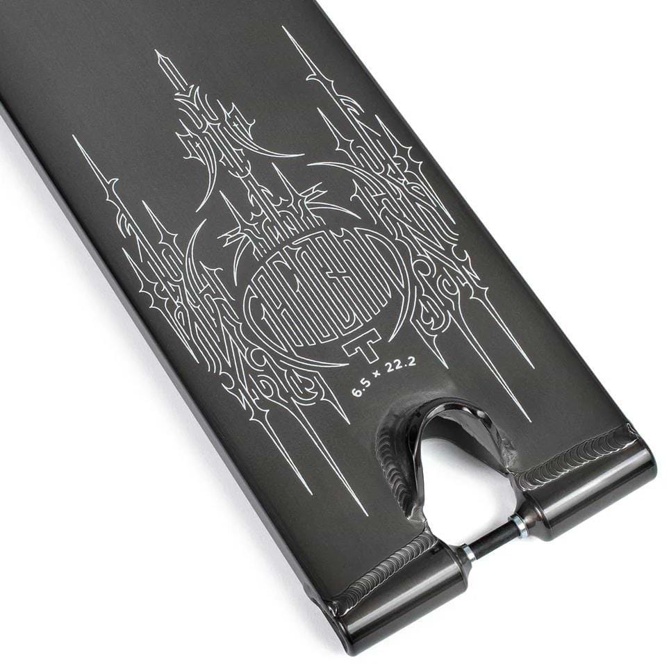 A close-up of the Tilt Selects Gagliano Signature Clear Black Stunt Scooter Deck shows a black 6061-T6 aluminum deck with white gothic line art, “Church” in the center, and “6.5 x 22.2” below the artwork.