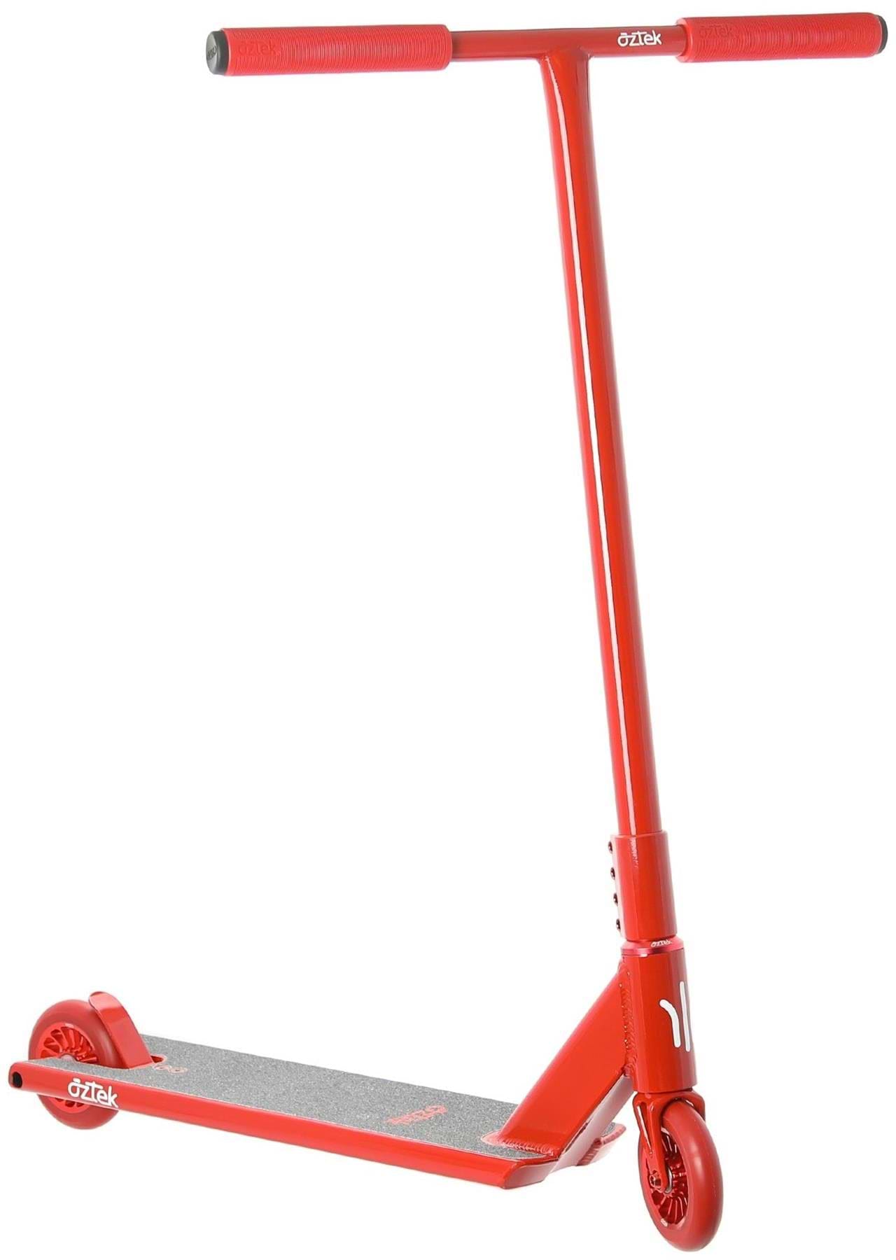 The Aztek Architect 2 Complete Stunt Scooter in Cardinal Red is an entry-level street scooter with a T-shaped handlebar, two small wheels, and a textured deck, designed for tricks and featuring a sleek, minimal look.