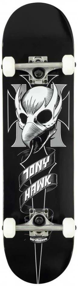 The Birdhouse Stage 1 Crest Black Complete Skateboard - 8" x 31" features white wheels, a durable 7-ply maple deck, bird skull graphic, bold "Tony Hawk" name, and Birdhouse logo—perfect for beginner riders.
