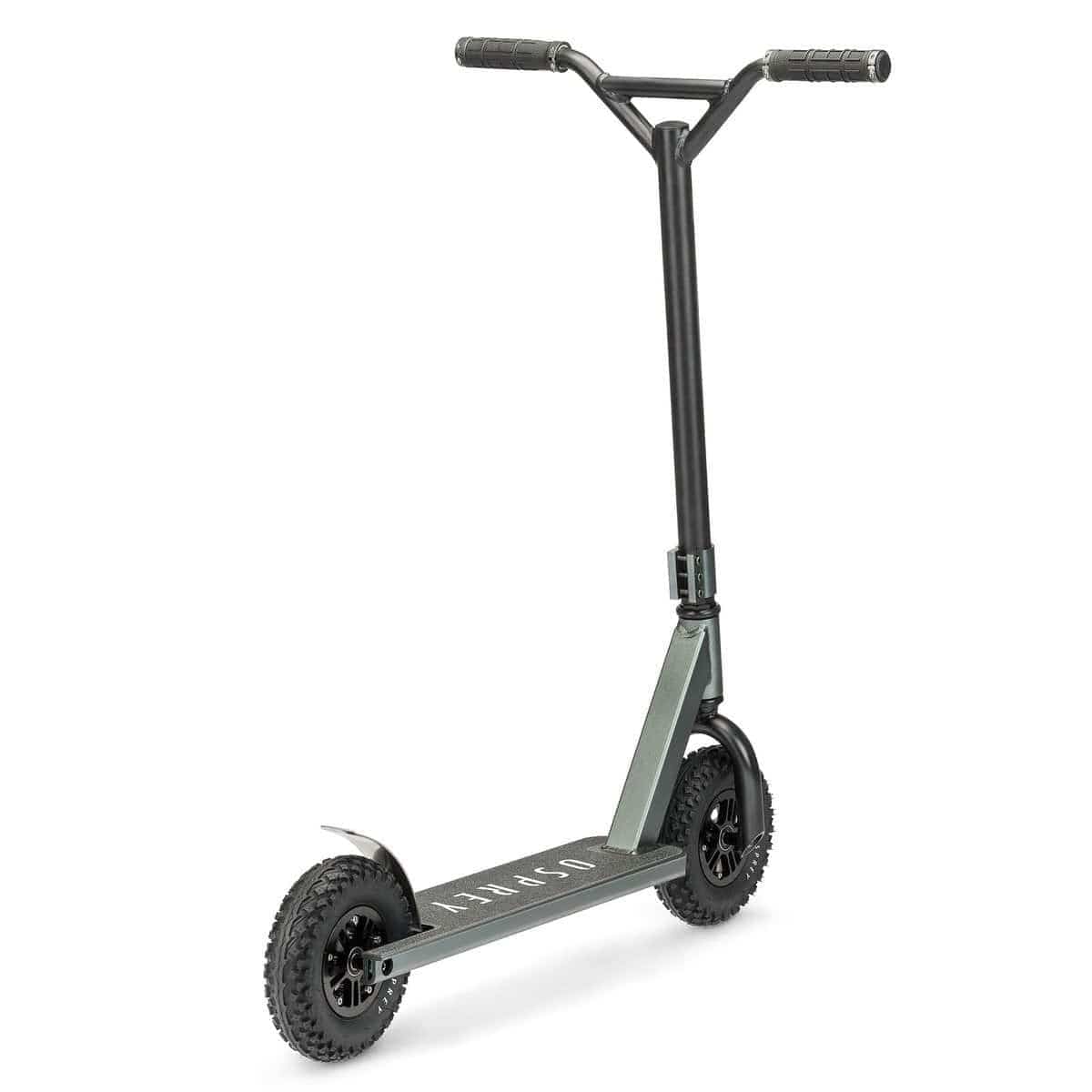 The Osprey Complete Dirt Scooter in Gun Metal Grey features pneumatic 200mm wheels, a black handlebar, and a wide foot deck. Built by Osprey with a sturdy design and rugged tires, it's perfect for absorbing off-road impacts on rough terrain.
