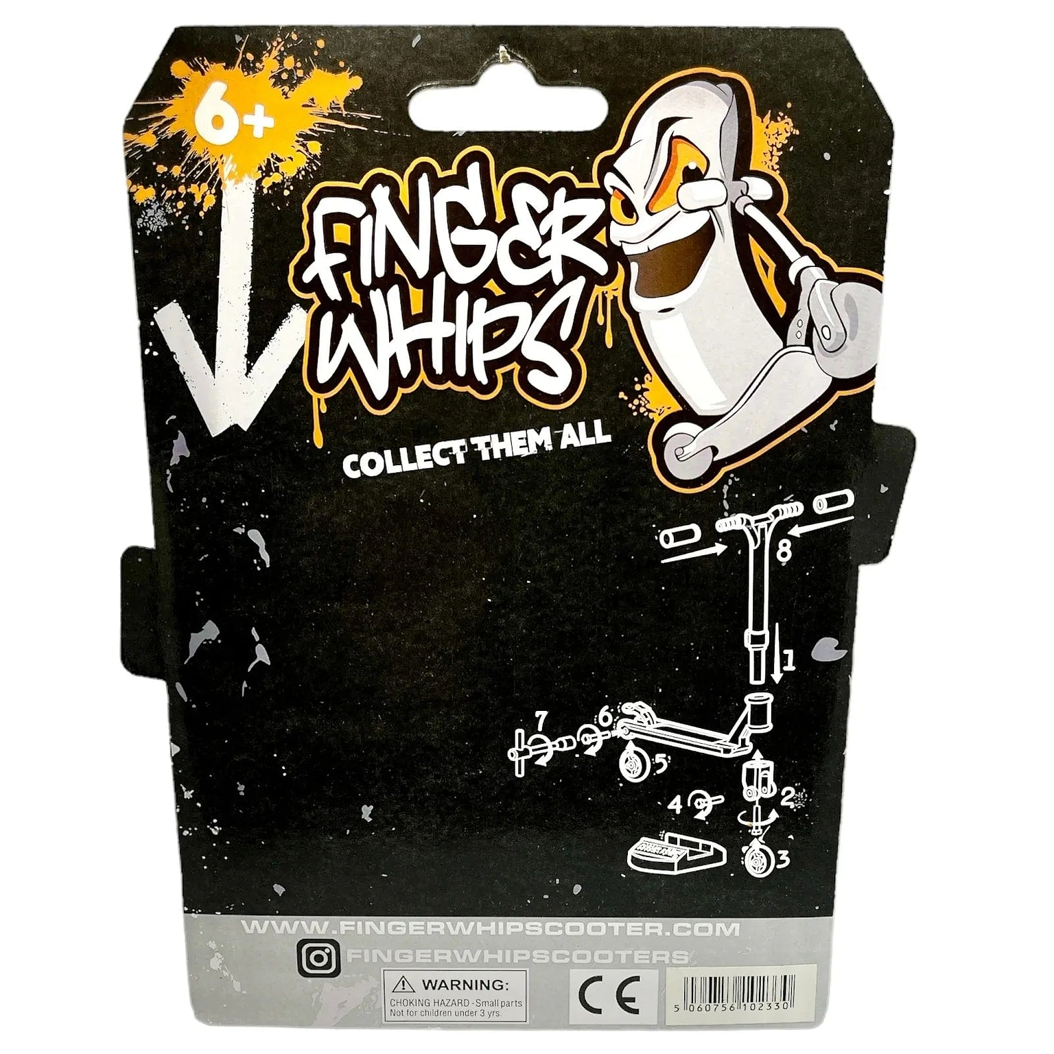 Packaging for the "Finger Whips Finger Toy Scooter - Neochrome," designed for kids aged 6 and above. It showcases a cartoon scooter character executing tricks and stunts, complemented by straightforward assembly instructions. The website and social media handles are displayed at the bottom.