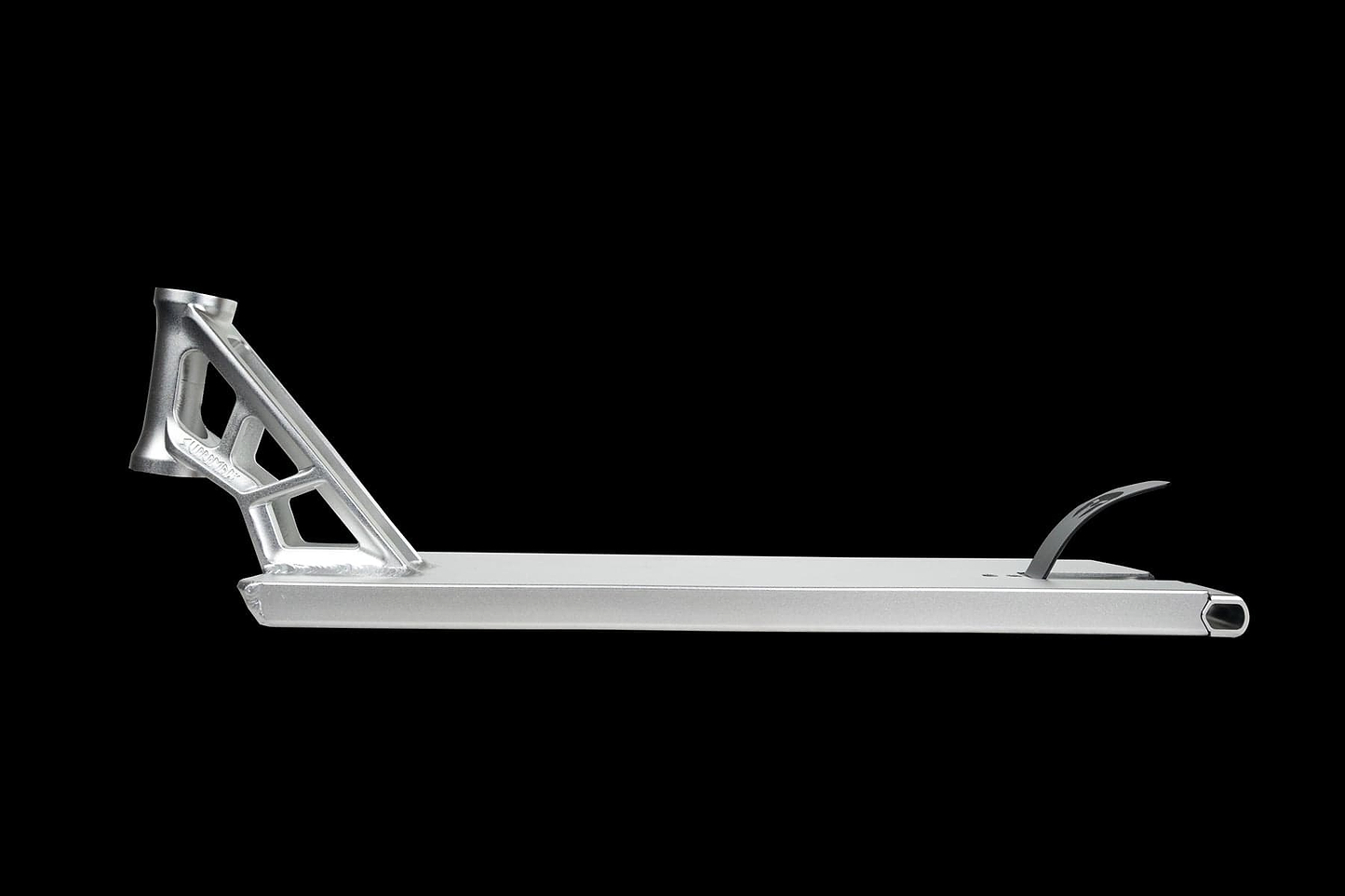 The Supremacy Spartan Chrome Silver Stunt Scooter Deck, sized at 5.5" x 20.5", is constructed from durable 6000 series aluminum and features a sleek, minimalist design with a chrome silver finish. Ideal for street riding, it includes a reinforced neck and integrated brake for top-notch performance.