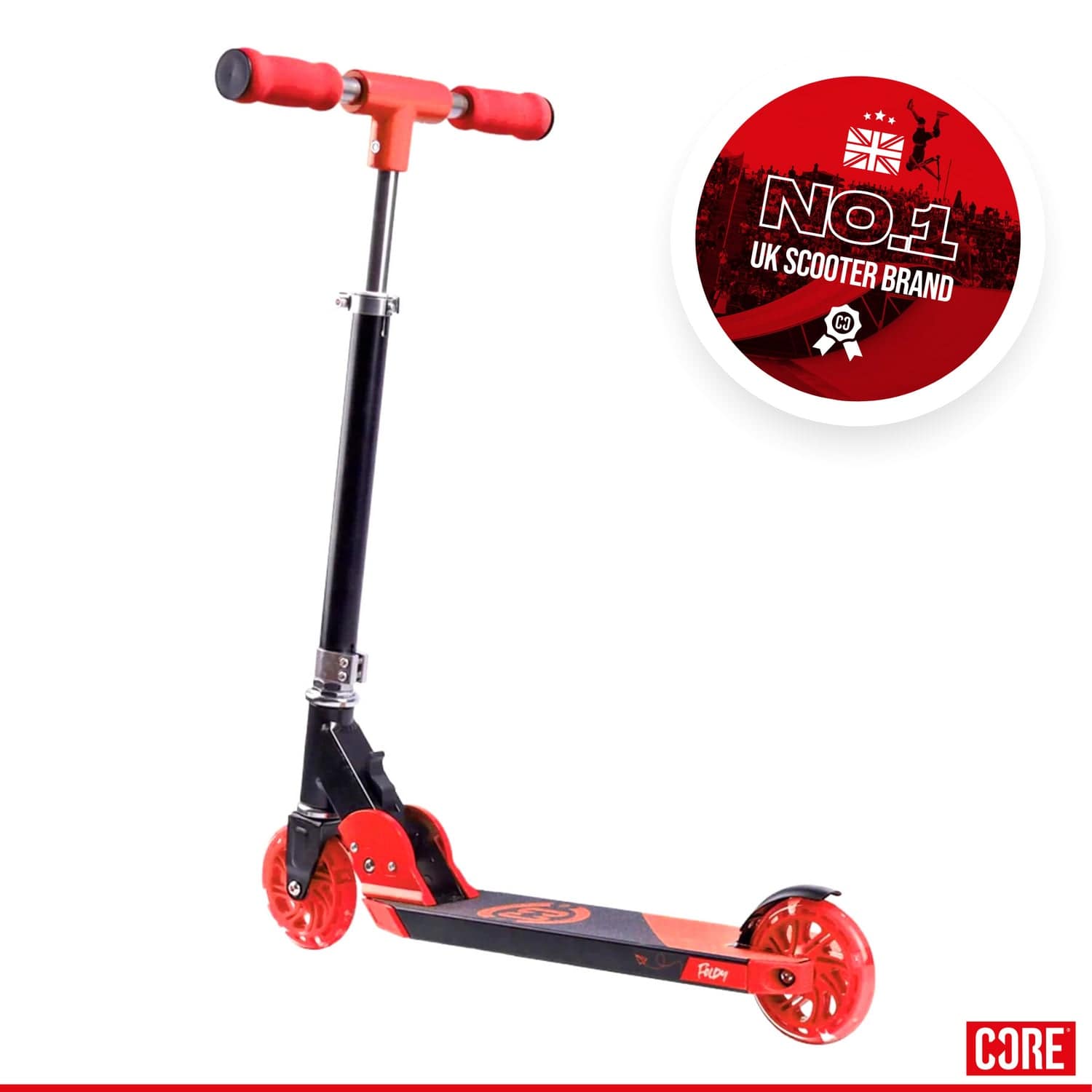 The CORE Foldy Kids LED Foldable Kick Scooter in Black/Red features LED wheels, red handlebars, and adjustable handlebars. Labeled as the "No. 1 UK Scooter Brand," CORE is displayed on the bottom right corner for this kids' foldable scooter designed for growing riders.