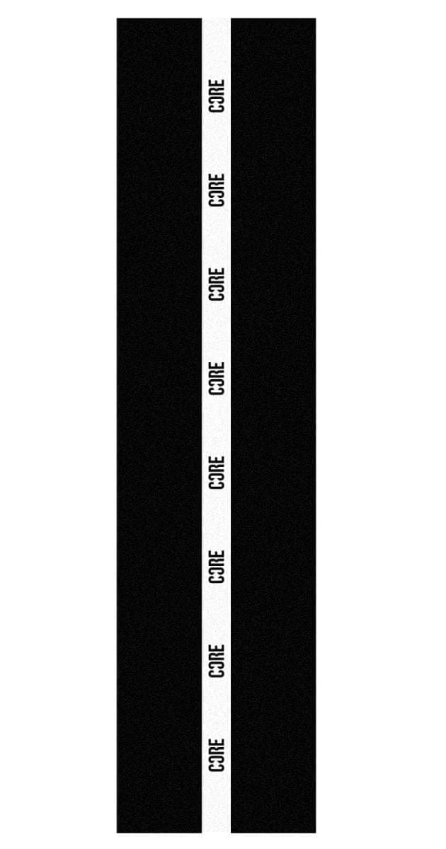 The CORE Stunt Scooter Griptape - 50/50 Black features a vertical black design with a narrow white strip down the center, where "CAVE" is repeatedly printed in bold black letters.