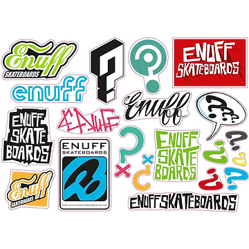 The Enuff Sticker Sheet - Mixed, by the brand Enuff, showcases a lively assortment of die-cut stickers with diverse fonts and question mark graphics. The bold text and dynamic shapes in red, green, blue, and black add an energetic flair to any skateboard.