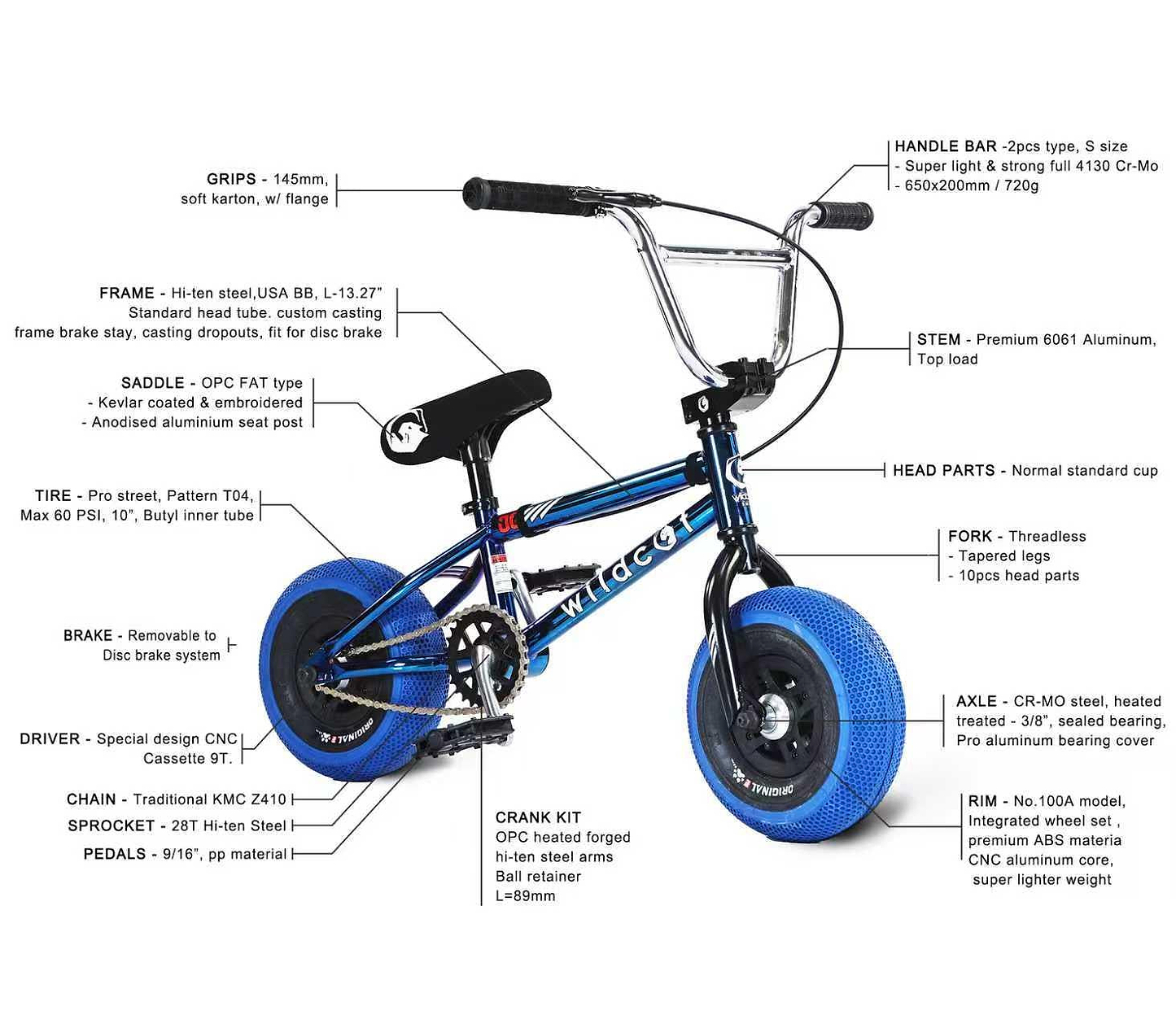 The Wildcat OG 3A Mini BMX Bike - Royal Blue is a small BMX by Wildcat, featuring labeled parts, PRO Street 65PSI tires, CNC aluminum wheel rims, frame, grips, handlebar, seat, fork, pedals, crank, chain, sprocket, axles, and wheels.