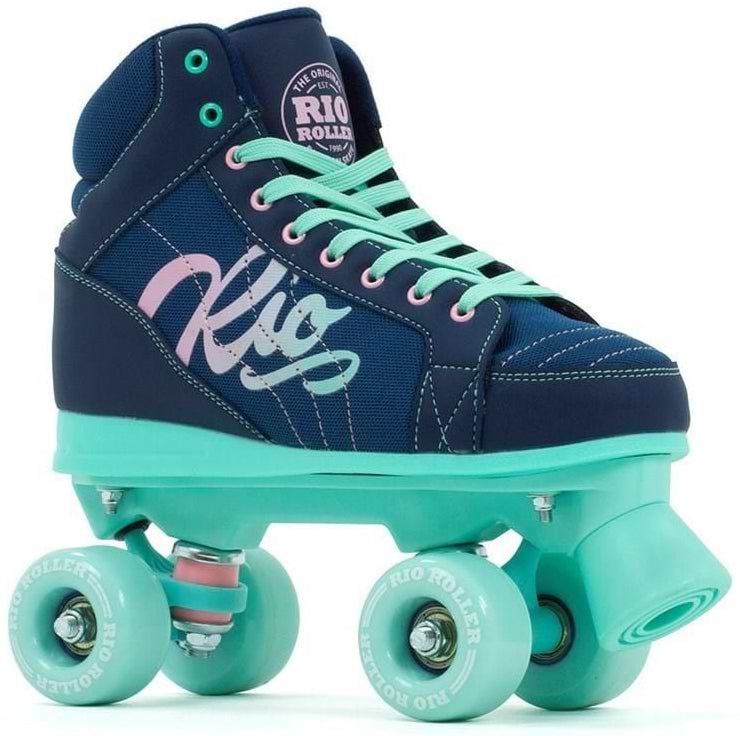 The Rio Roller Lumina Quad Roller Skates - Navy / Green by Rio Roller showcase a modern and vibrant style with a navy blue and turquoise color scheme, pink accents, and "Rio" marked on the side. These skates feature a PVC leather boot, turquoise laces and wheels, along with nylon trucks for an eye-catching look.