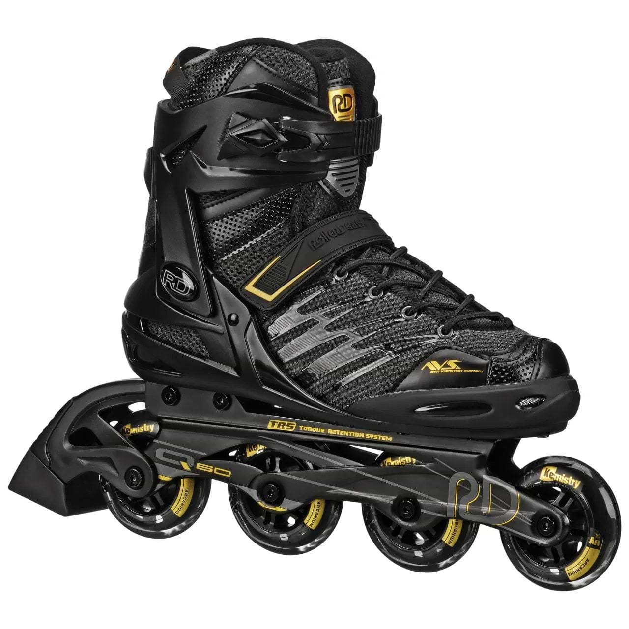 The Roller Derby Aerio V2 Q-60 Mens Inline Skates in black/gold feature 80mm Elite speed wheels, a high ankle boot, adjustable straps, sporty mesh material, and detailed branding on both the boot and wheels.