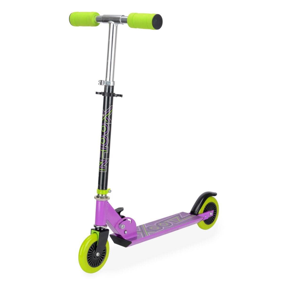 The Xootz Atom Foldable Kids Kick Scooter from Xootz features a purple design with green-accented wheels and adjustable handlebars. Its lightweight frame ensures easy maneuverability, while the bold "Zoom" on the deck promises exciting rides.