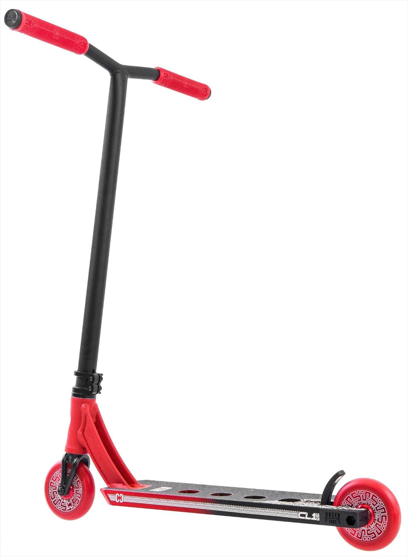 The CORE CL1 Complete Stunt Scooter by CORE features a wide deck, two red wheels, and red handlebars in a black/red colorway, shown from the side against a white background.