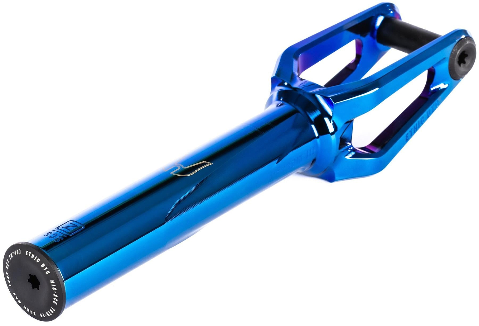 The Ethic DTC Merrow V3 8/12STD SCS Stunt Scooter Forks in Chrome Blue by Ethic feature a sleek, angular design with a black axle bolt, shown on a white background.