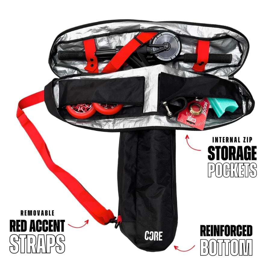 The CORE Scooter Travel Bag - Black is shown open, showcasing its efficient storage compartments. This water-resistant bag includes a scooter, features red accents, has storage pockets, and comes with tools. Labels emphasize the removable red strap, padded straps, a reinforced bottom, and internal zip storage pockets.