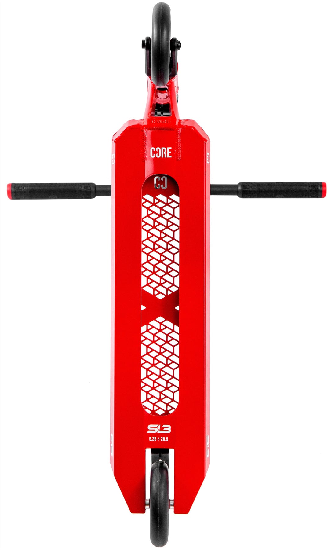 Top-down view of the CORE SL3 Complete Stunt Scooter by CORE in red and black, featuring a lightweight honeycomb cutout deck, black bars and wheels, white branding text, all shown on a white background.
