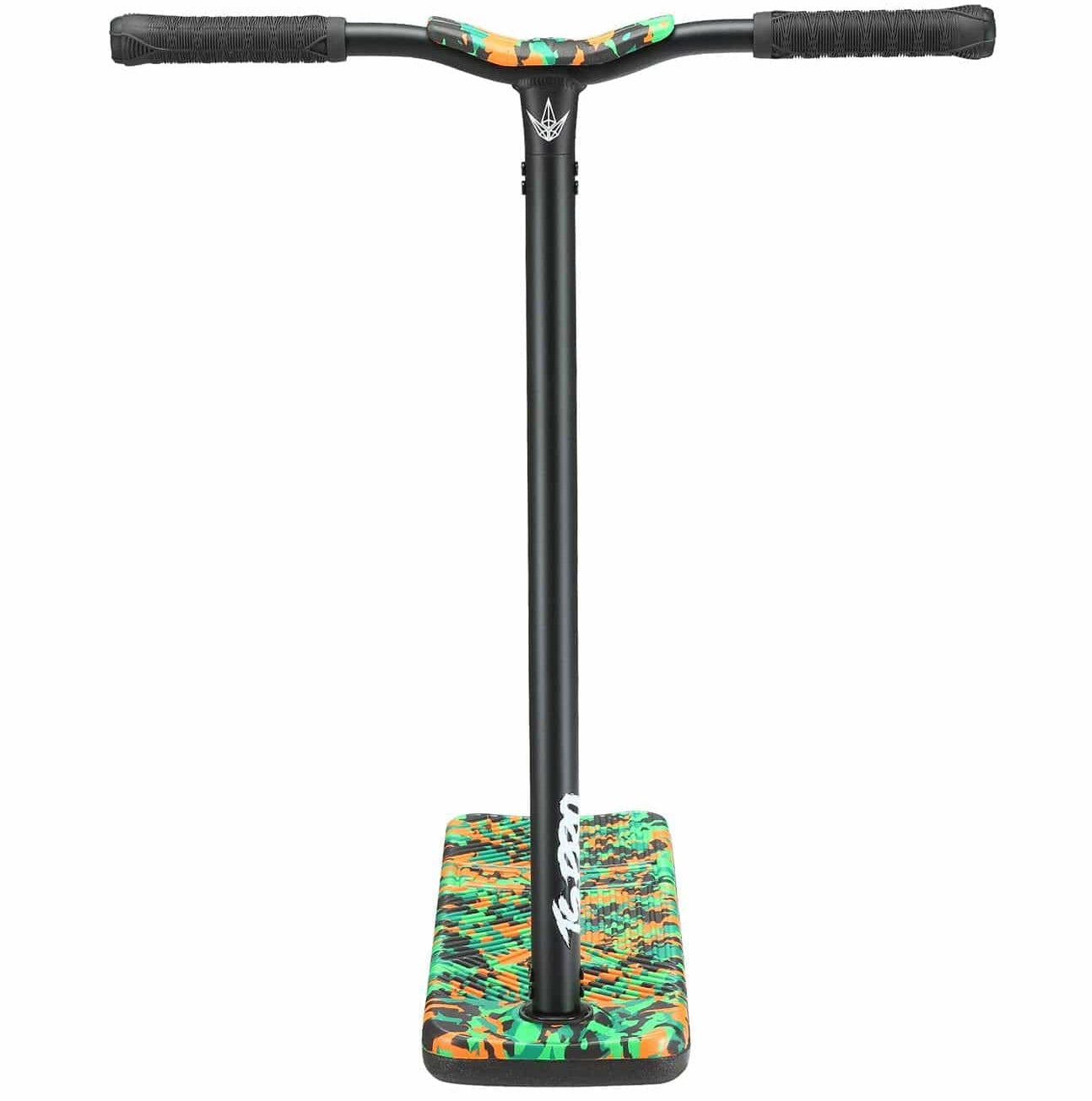 Introducing the Blunt Envy TS Pro 7.5 Indoor Trampoline Stunt Scooter in Orange Camo, featuring black handlebars and a vibrant deck design in shades of green, orange, and blue. Its robust black frame is equipped with customizable scooter bars for a tailored riding experience, while textured grips provide added comfort.