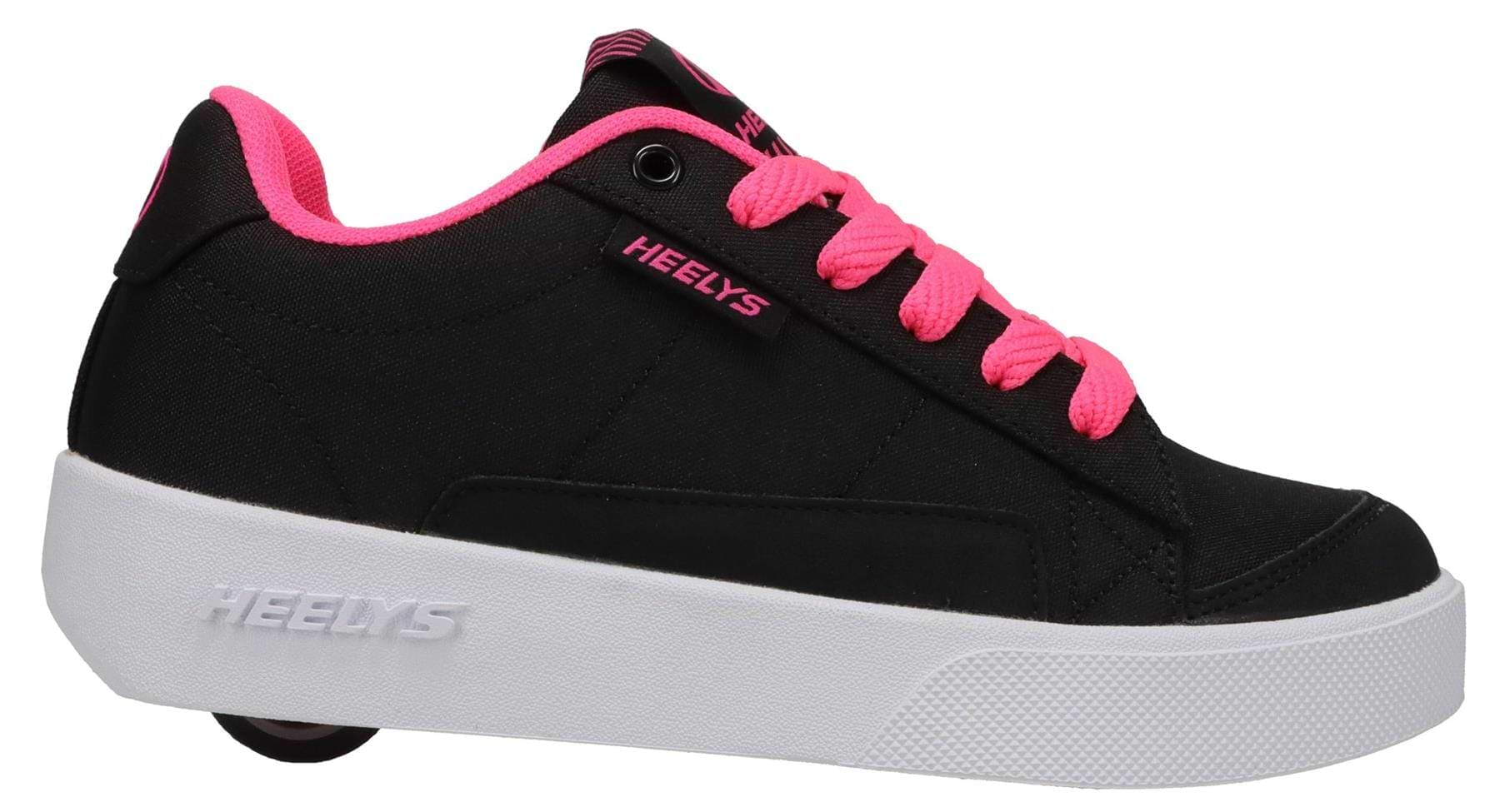 The Heelys Digilo Nylon Girls Shoes by Heelys feature a black exterior with bright pink laces and lining, a white sole, and low-profile wheels in the heel for smooth rolling.
