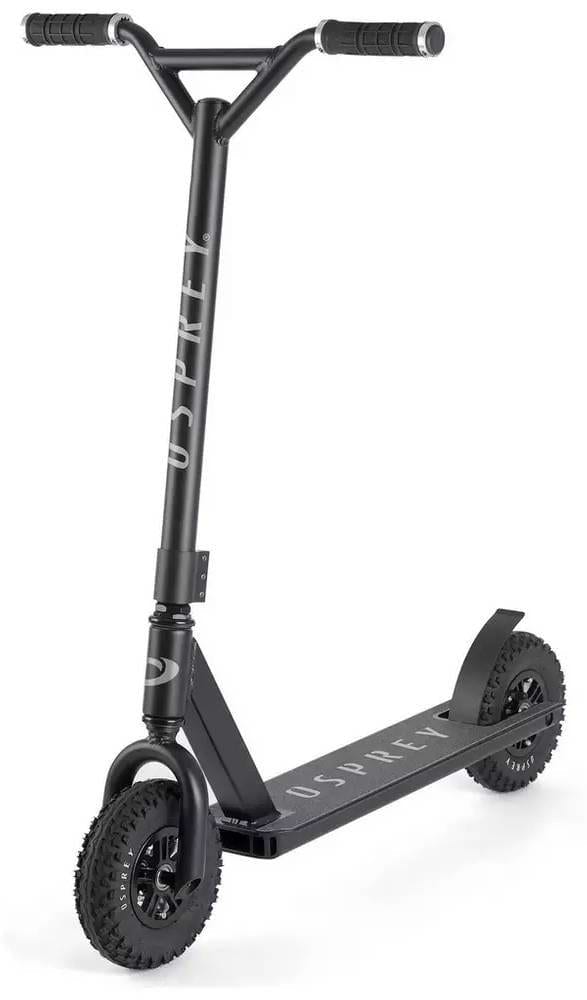 The Osprey Complete Dirt Scooter - Black features wide treaded pneumatic wheels, a sturdy deck, and rubber-grip handlebars. Branded "OSPREY" on the frame and deck, it’s ideal for off-road riding.