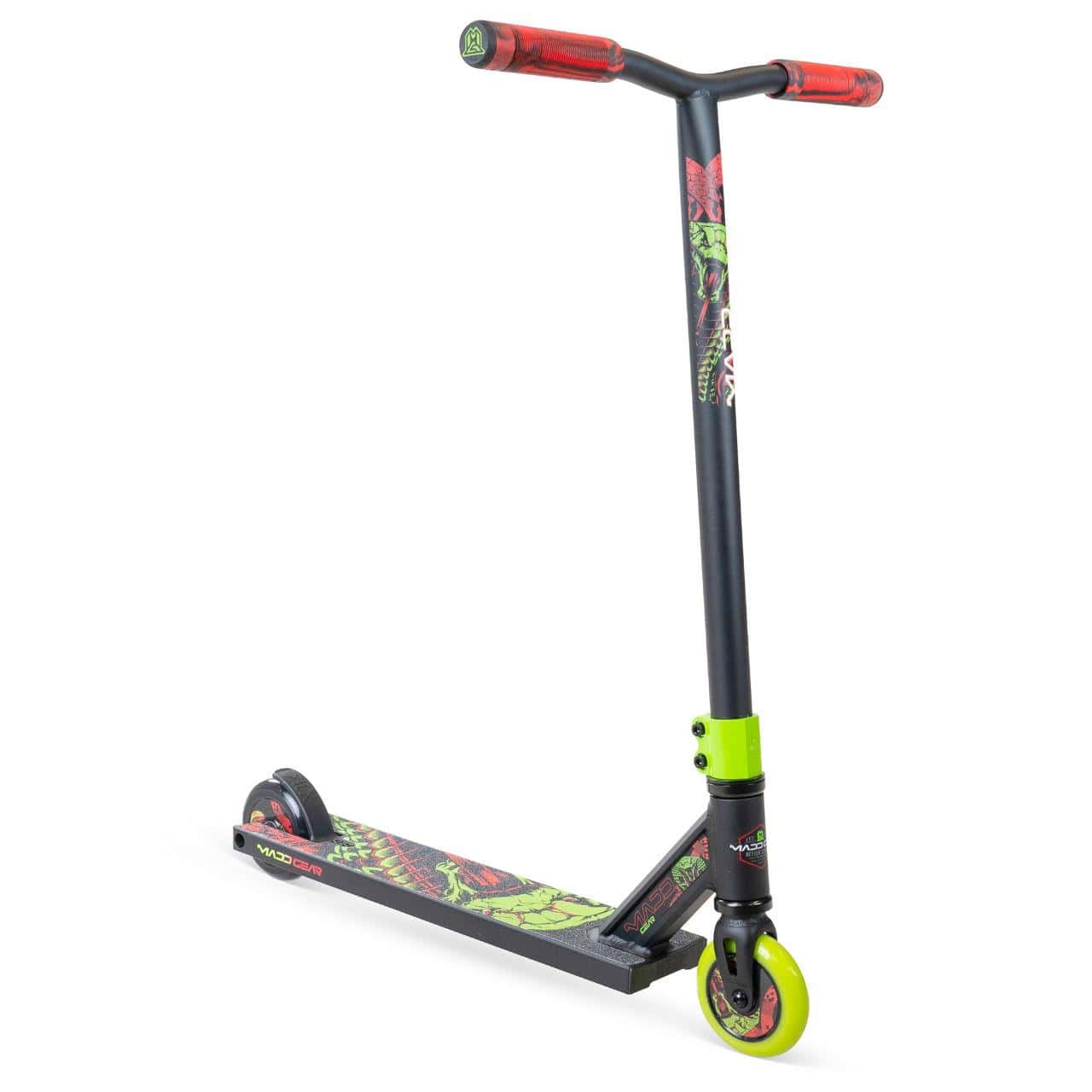 The Madd Gear MG 2 Obsidian Complete Stunt Scooter - Venom features a T-shaped handlebar, red grips, green front wheel, graphic designs, and high-speed ABEC-5 Chrome bearings for smooth riding in a black and red colorway with green accents.