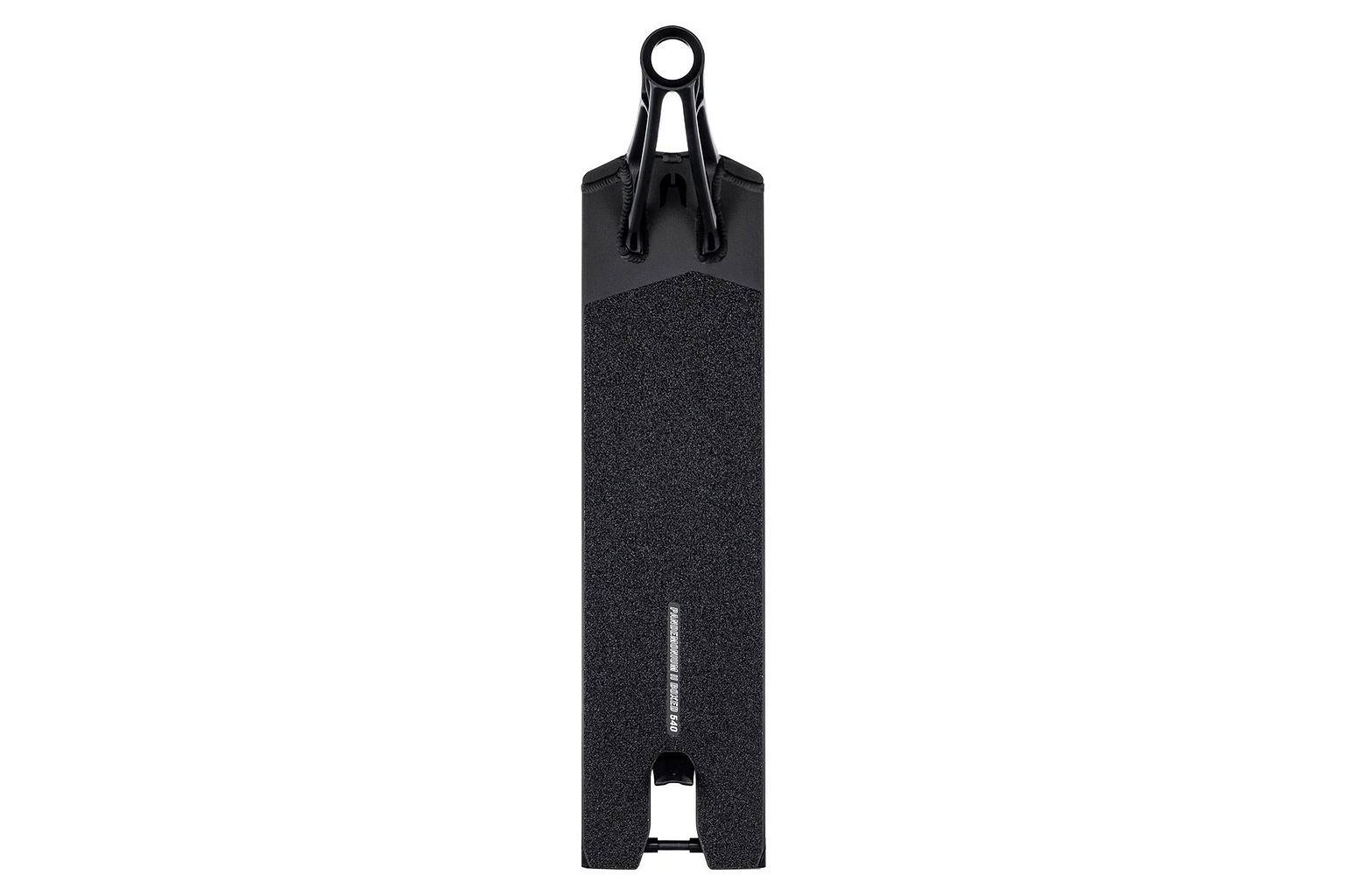 The Ethic DTC Pandemonium V2 Boxed Black Stunt Scooter Deck, measuring 5.5" x 22.8", boasts an ultra-lightweight design with a black grip tape surface and a robust metal frame. It features a rear cutout, rounded end, and integrated brake mount, providing excellent traction for riders while highlighting its advanced design.