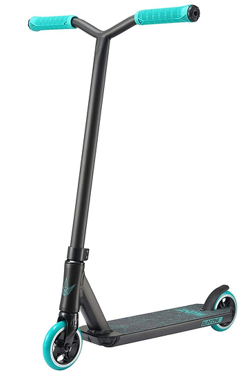 The Blunt Envy ONE S3 Complete Stunt Scooter in teal showcases a sleek black frame complemented by turquoise handlebars and wheels. It features an aluminium deck enhanced with subtle graphics, offering a minimalist design and streamlined appearance that makes it perfect for riding and executing tricks like a pro.