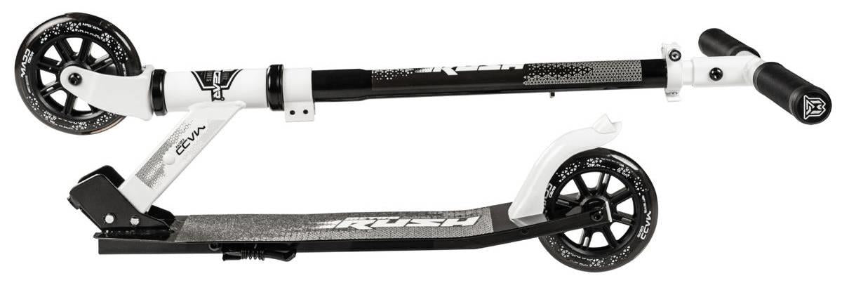 The Madd Gear (MGP) Metro Rush 125 Kids Foldable Scooter in white and black is shown folded, with both wheels parallel and handlebars beside the textured footboard. Its large 125mm LED wheels offer added stability and style.