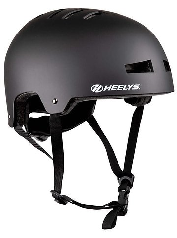 The Heelys F2 Skate Protection Helmet - Black by Heelys features ventilation slots, an adjustable chin strap, and a side logo—perfect headgear for skate adventures.