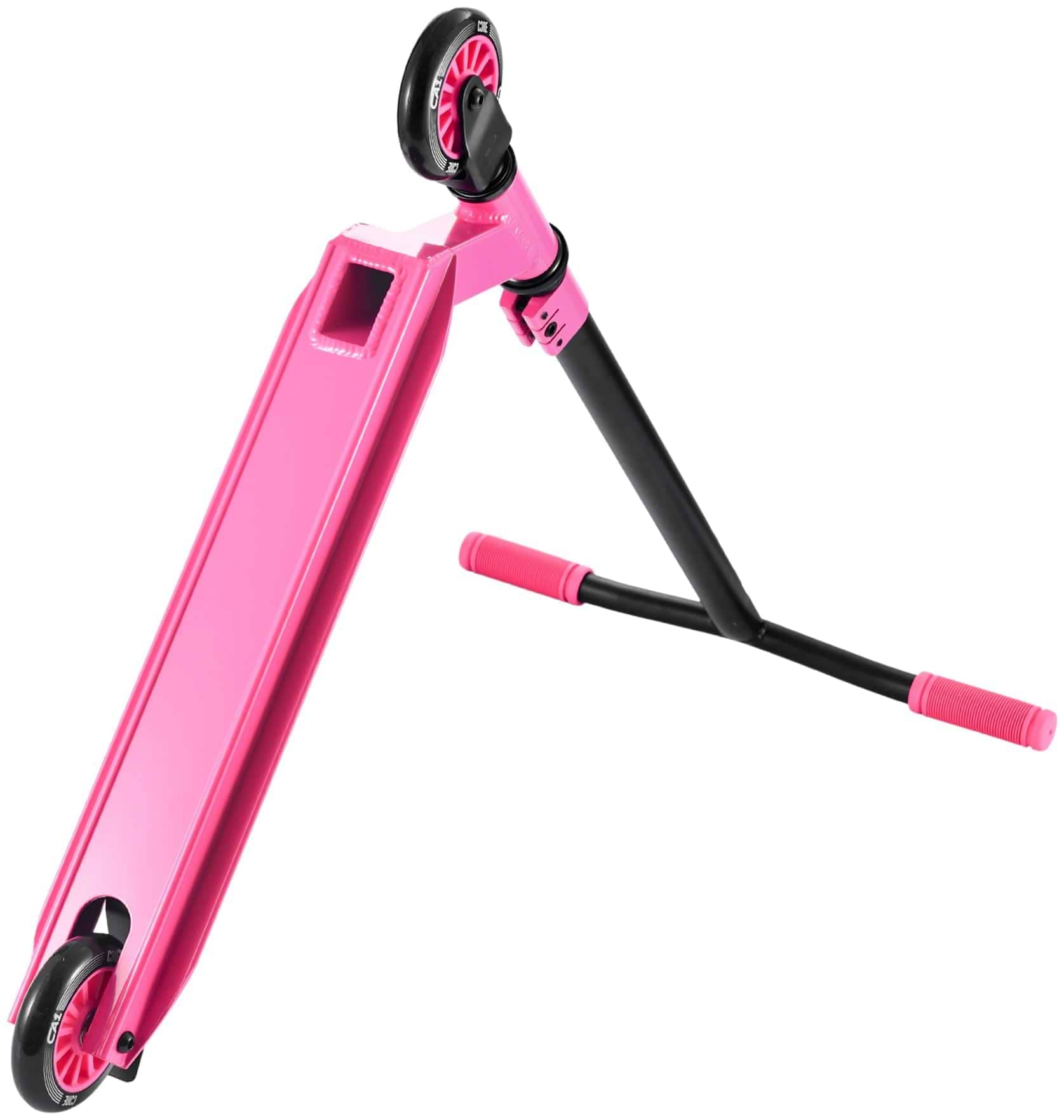 The CORE CA1 Beginner Complete Stunt Scooter by CORE, in pink and black, features a rectangular deck, two small wheels, and pink handlebar grips. Shown on a white background with the deck and front wheel facing upward.