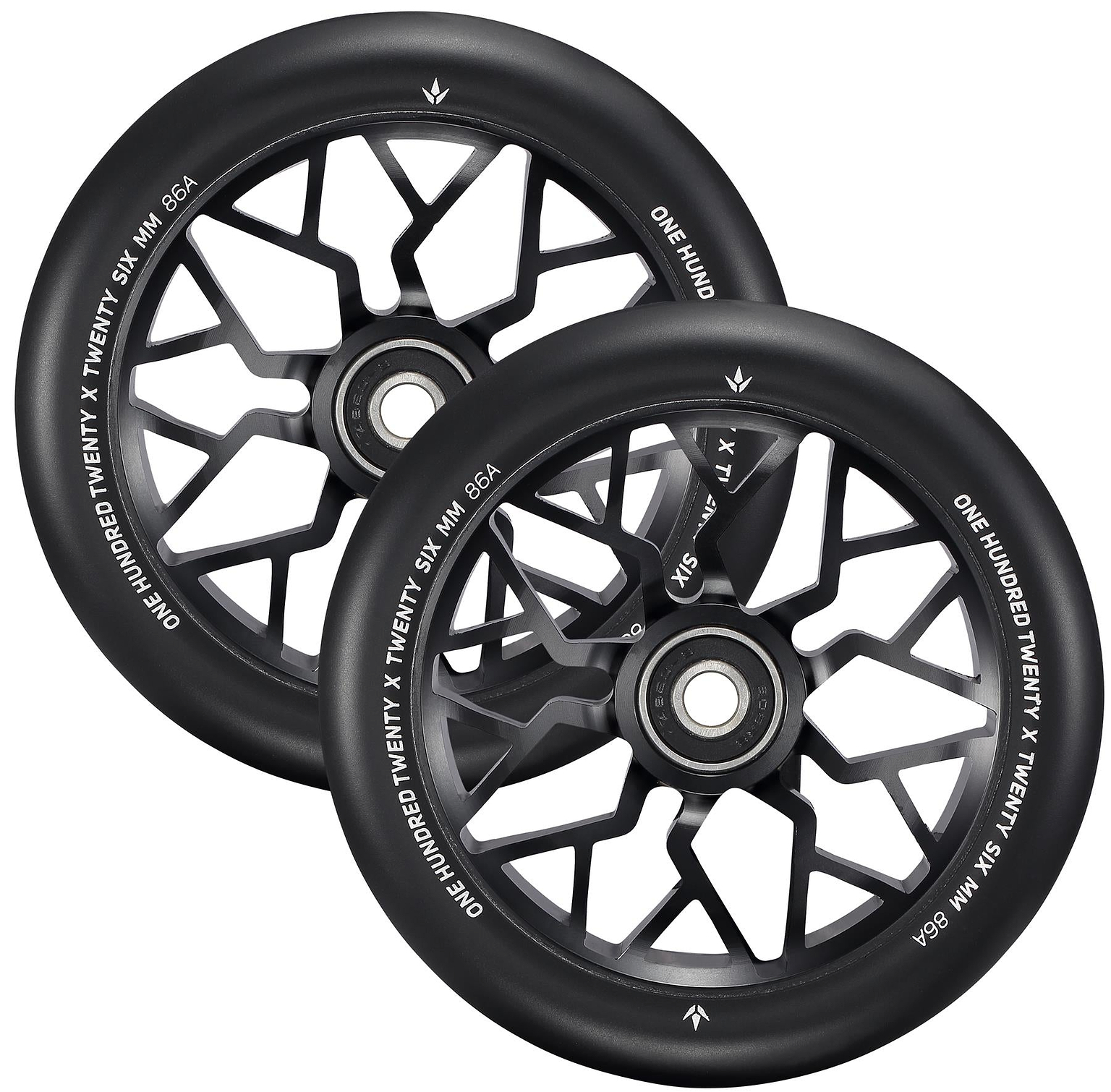 Two Blunt Envy Sector 120mm Stunt Scooter Wheels in black, featuring geometric spoke patterns and white rim text. The wheels are stacked with partial overlap—ideal for the Prodigy X ONE. Brand: Blunt Envy.
