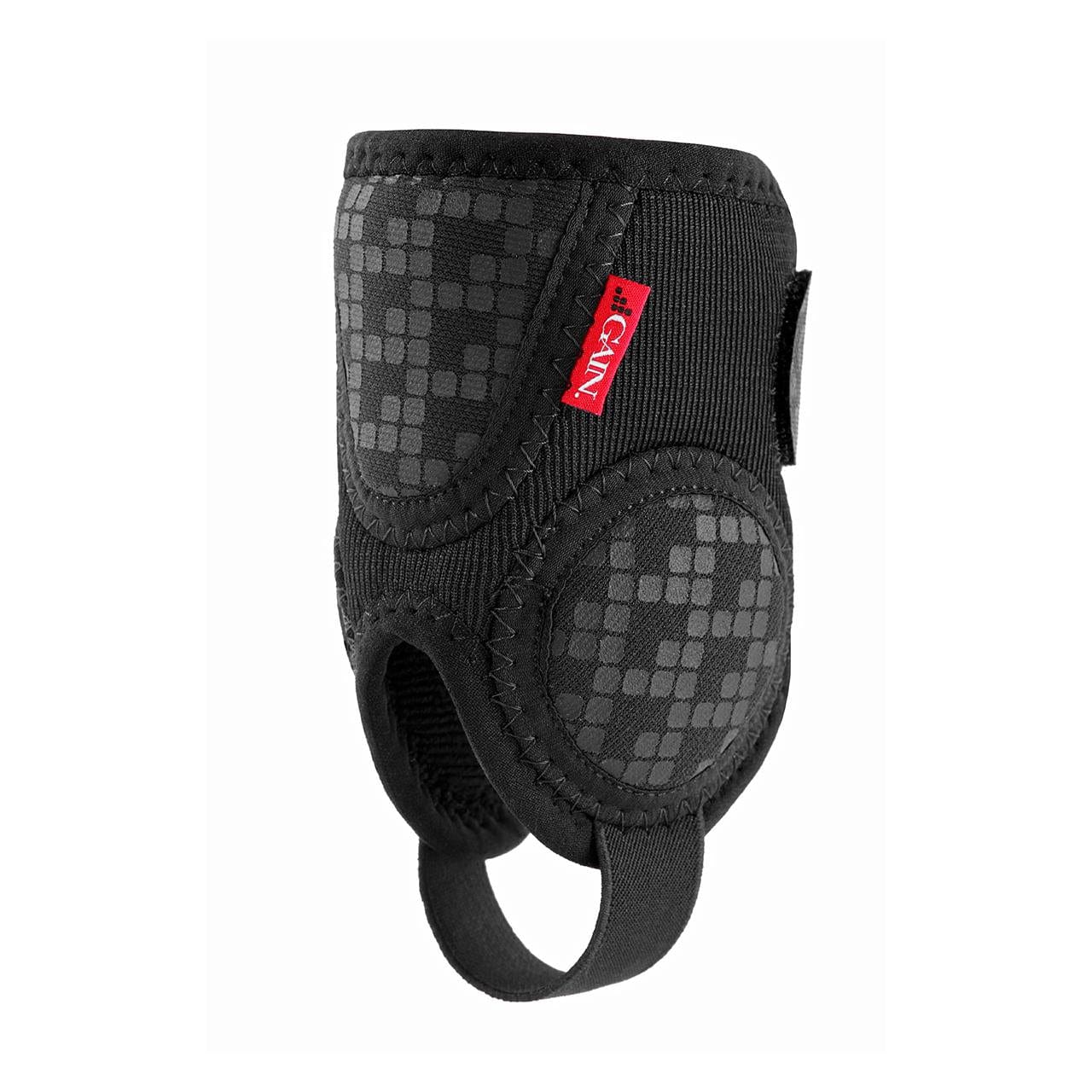 The GAIN Protection Pro Adult Ankle Protectors in black feature a checkered padded design, reinforced stitching, an adjustable strap, a bottom opening, and ankle protection inspired by Pro Ankle Protectors.