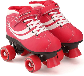 The Osprey Disco Quad Roller Skates - Red feature a bright red design with white laces, white stripes, black soles, red wheels and toe stops, plus an ankle Velcro strap for added support.
