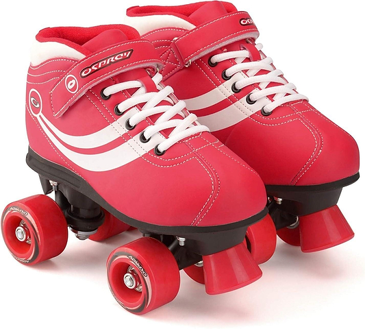 The Osprey Disco Quad Roller Skates - Red feature a bright red design with white laces, white stripes, black soles, red wheels and toe stops, plus an ankle Velcro strap for added support.