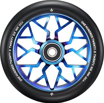 The Blunt Envy Sector 120mm Stunt Scooter Wheel - Burnt Pipe features a blue and black geometric, star-shaped spoke design with a black rim marked “ONE HUNDRED TWENTY X TWENTY SIX MM 86A.” Perfect for Prodigy X ONE scooters.