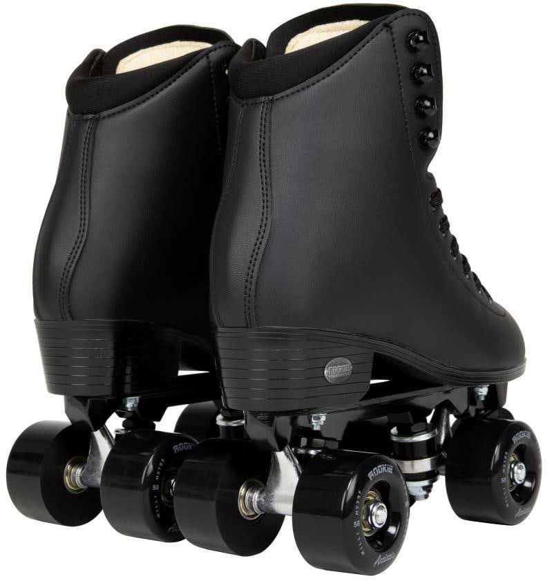 A pair of Rookie Artistic Quad Roller Skates - Black by Rookie, featuring high-top vegan leather boots, ABEC-7 bearings, black wheels and laces, displayed side by side on a white background.