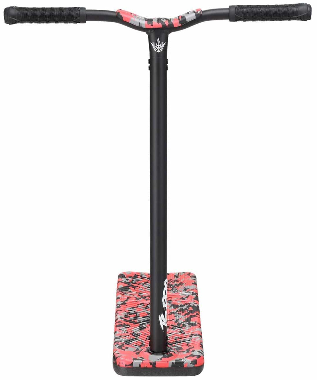 The Blunt Envy TS Pro 7.5 Indoor Trampoline Stunt Scooter - Red Camo is a standing black scooter with a red and black camo pattern on the deck and T-shaped customizable scooter bars, featuring the "Root Industries" logo on the deck to highlight its premium design.