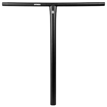The Union Uniq T Steel Oversized HIC Stunt Scooter Bar in black (670mm x 600mm) features "UNION" and a small flower-like logo at the intersection, shown against a white background.
