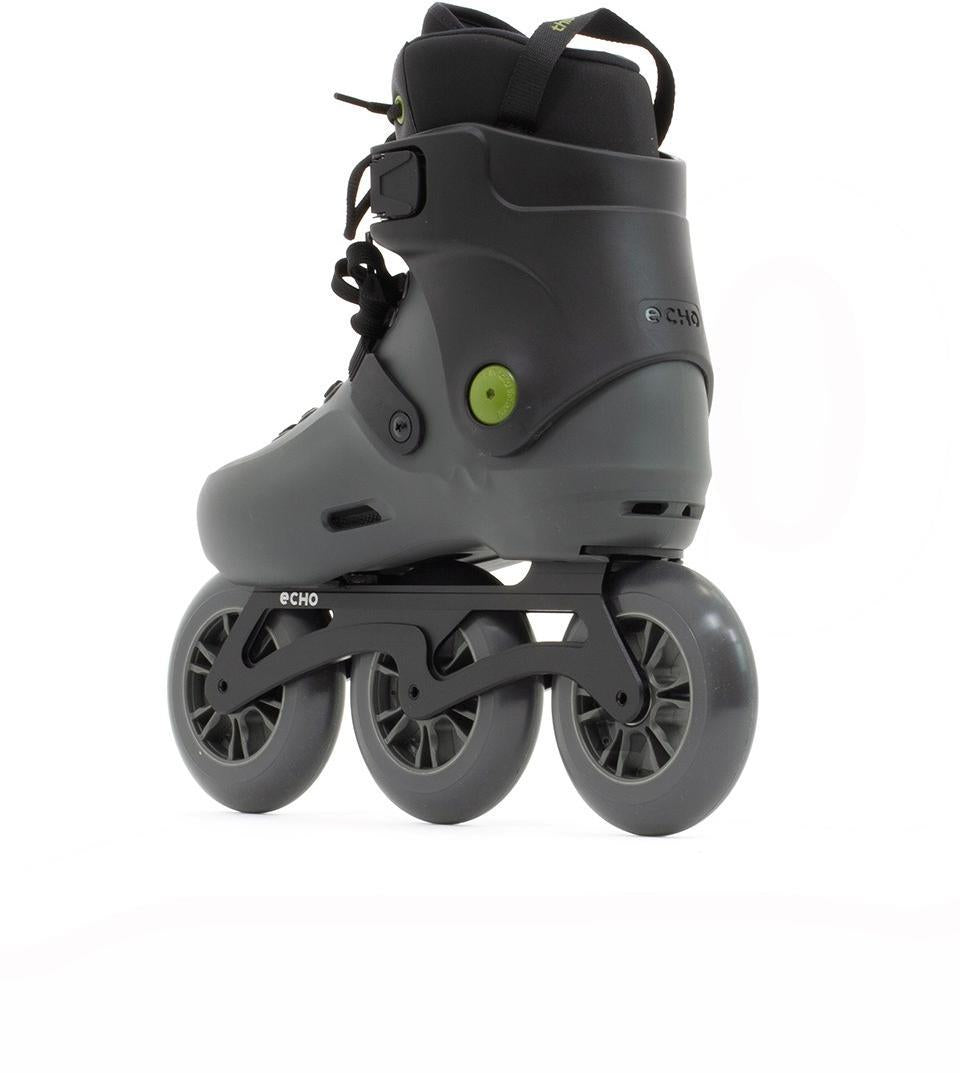 The Echo Sonar 3 Wheel Inline Freeskates in black, featuring a sturdy boot and branded "Echo" on the frame, are ideal for city cruising and are shown against a white background.