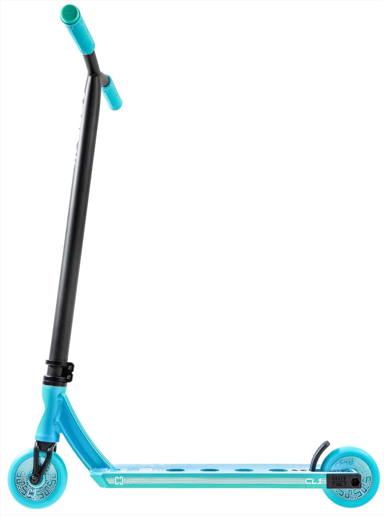 The CORE CL1 Complete Stunt Scooter - Turtlesent by CORE features black handlebars, turquoise grips and deck, and two turquoise wheels, shown from the side on a white background—perfect for stunt scooter tricks.